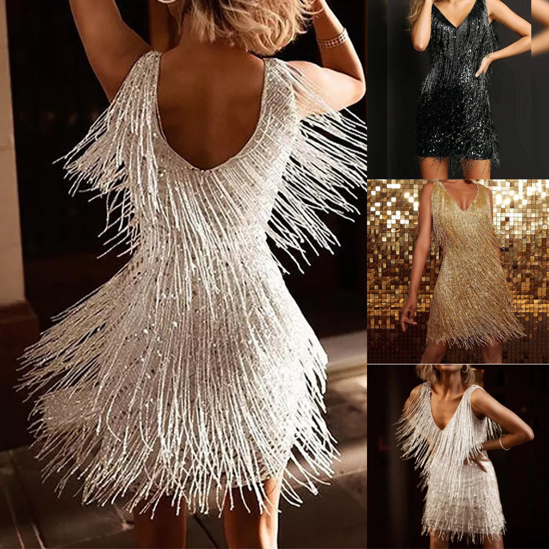 Shimmering Glam™ 2.0 - Hand-Embellished Sequin & Fringe Cocktail Dress