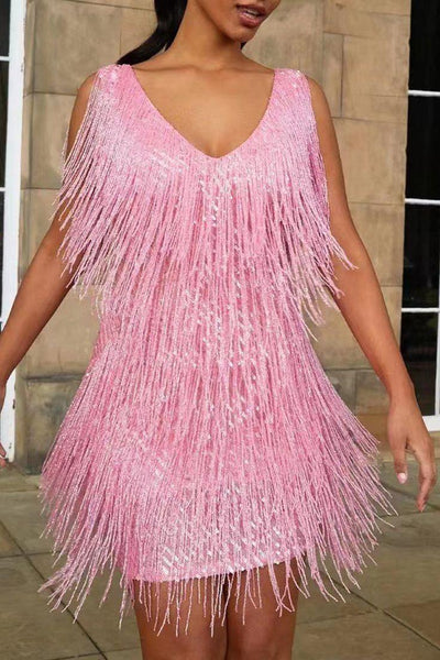 Shimmering Glam™ 2.0 - Hand-Embellished Sequin & Fringe Cocktail Dress