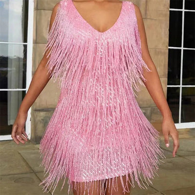 Shimmering Glam™ 2.0 - Hand-Embellished Sequin & Fringe Cocktail Dress